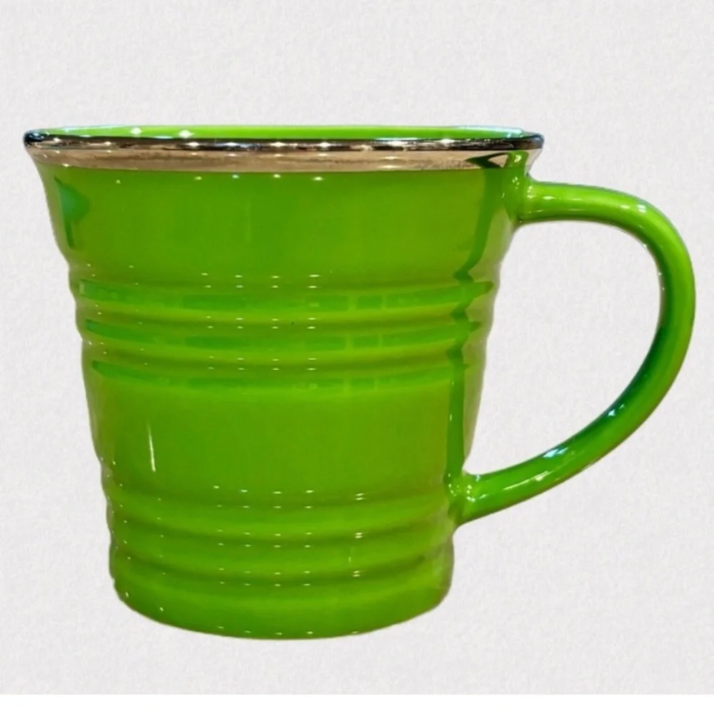 Starbucks 2007 Ribbed Green Bucket Mug 14oz Silver Rim Vintage Coffee Cup